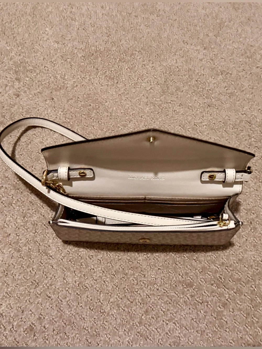 Michael Kors White and Light Gray Signature Crossbody Wallet